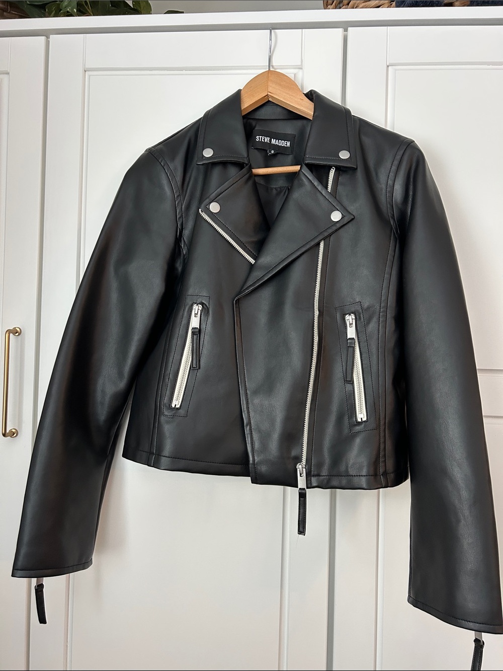 Steve Madden Black Faux Leather Moto Jacket with Silver Zips